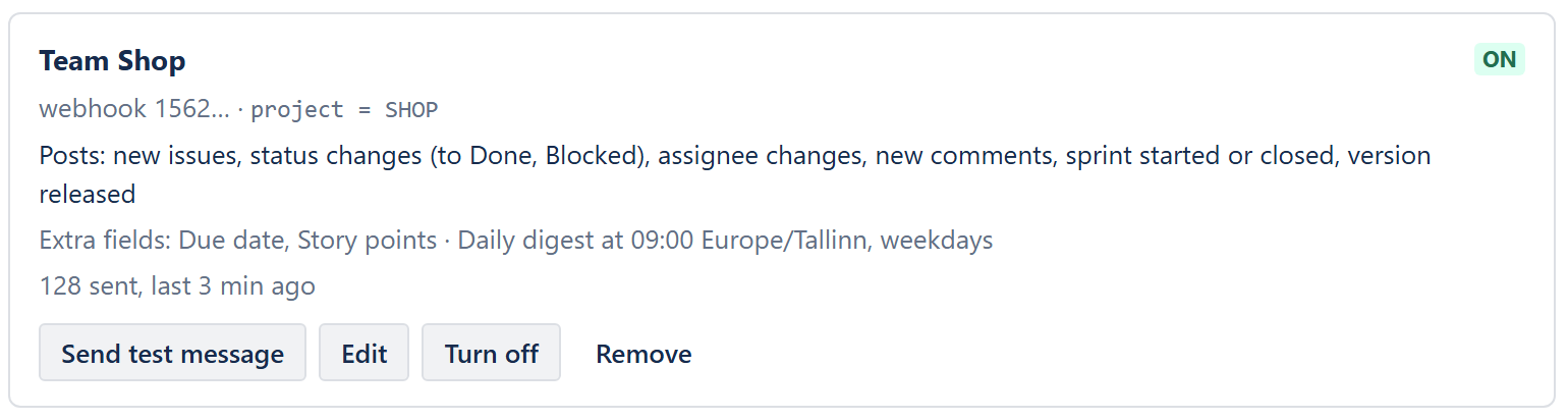 A connected channel on the Chatline settings page with its filter, changes and delivery count
