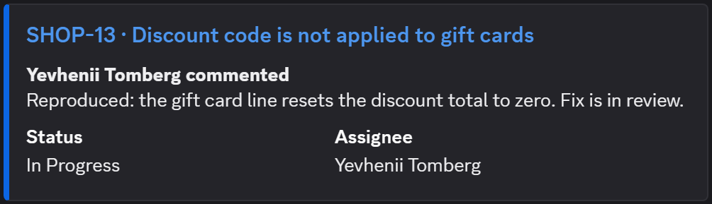 A comment message with the comment text