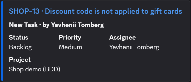 A new-issue message in Discord with status, priority, assignee and project