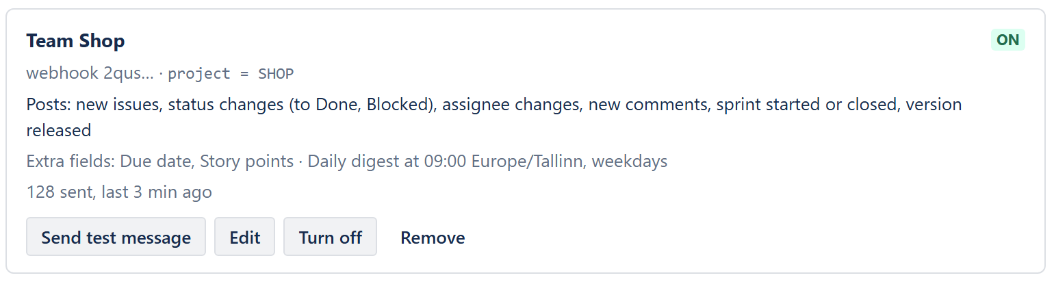 A connected channel on the Chatline settings page with its filter, changes and delivery count