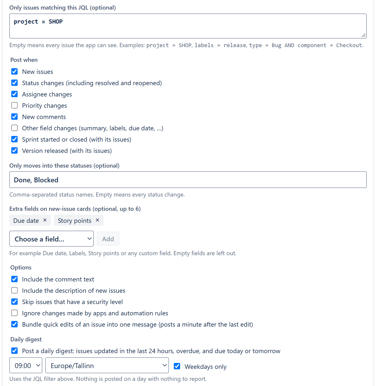 The settings of one channel: JQL filter, changes, status filter, extra fields and options