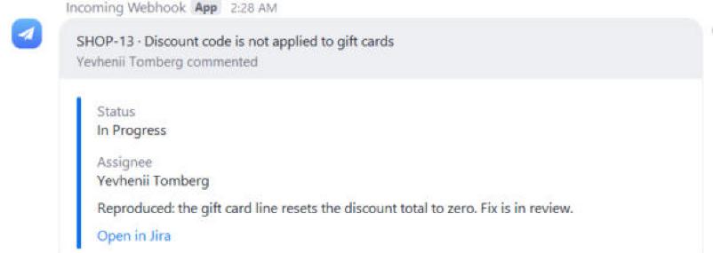 A comment message with the comment text