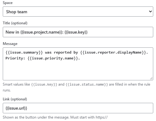The Send Google Chat message action: space, title, message and link