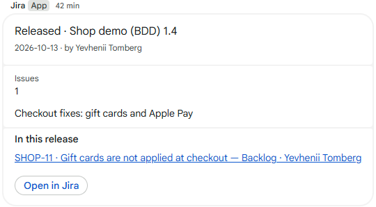 A Released card with the version, its description and issues