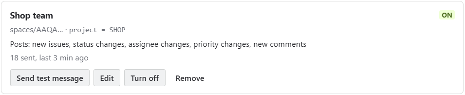A connected space on the Chatline settings page with its filter, changes and delivery count