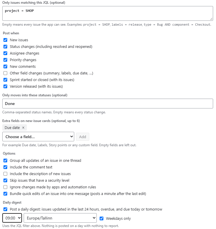 The settings of one space: JQL filter, changes, status filter, extra fields, options and daily digest