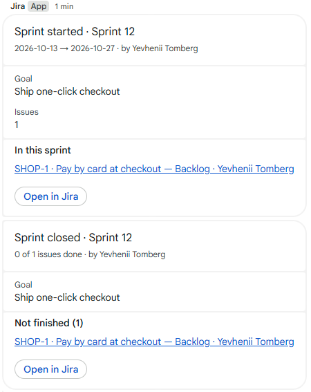 Sprint started and Sprint closed cards with goal and issues