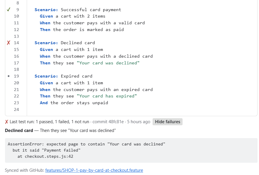 The Scenarios panel on a Jira issue with test results next to each scenario