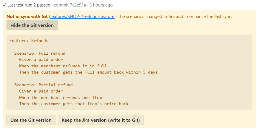 The conflict box with the Git version and two buttons