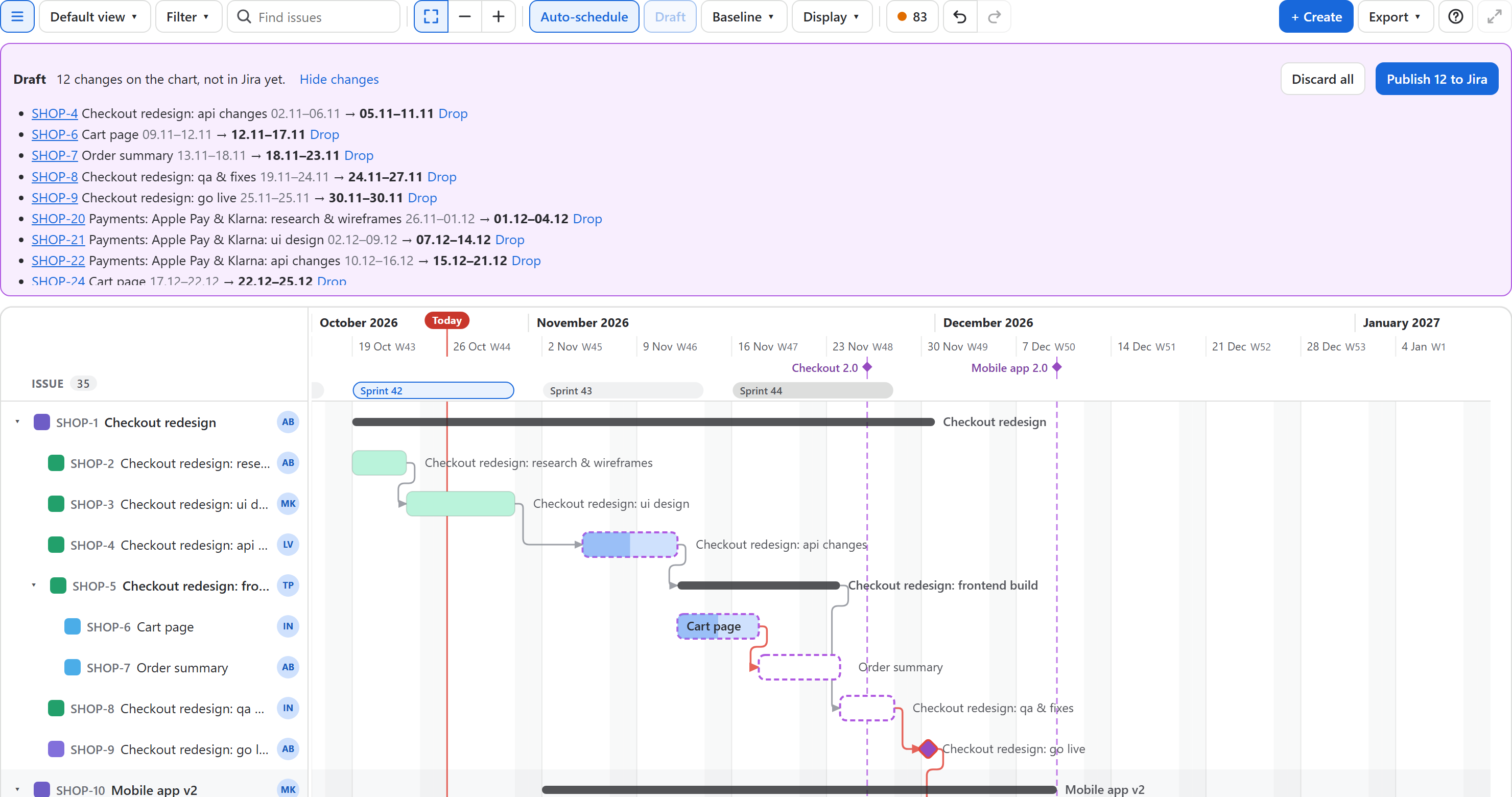 Draft mode: bars with a dashed purple outline, and a bar above the chart listing twelve changes with their dates in Jira and on the chart, Drop, Discard all and Publish 12 to Jira