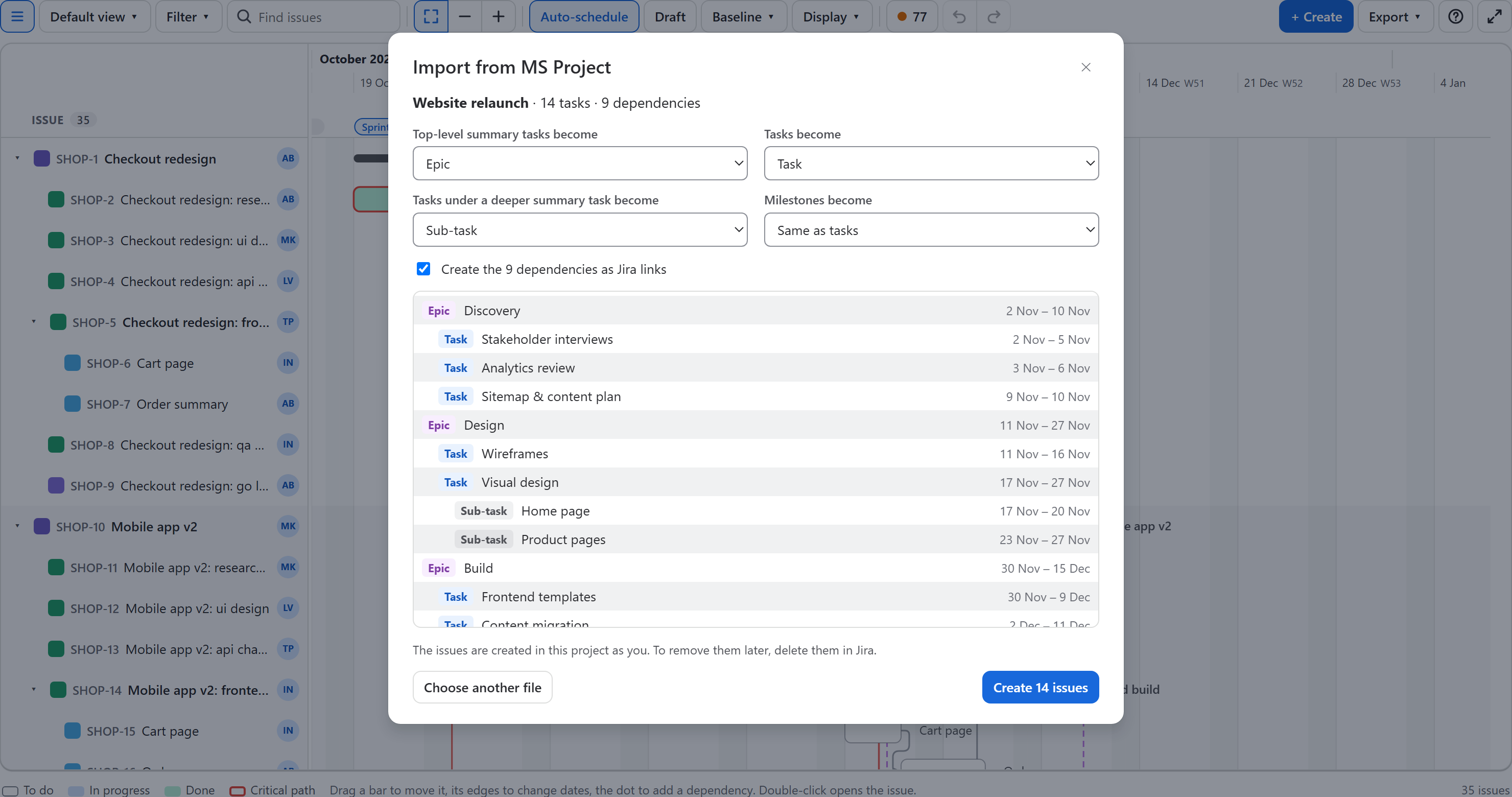 The import dialog: the file's name and counts, the issue type chosen for summary tasks, tasks, subtasks and milestones, and the list of tasks with their types and dates