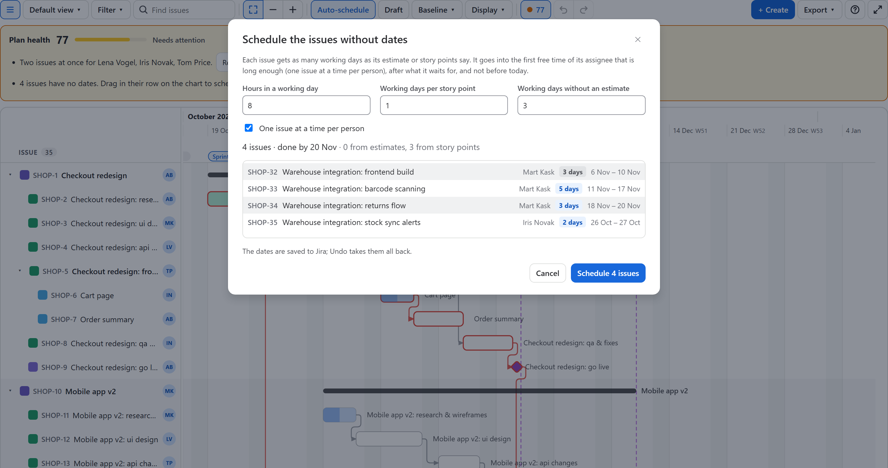 The Schedule the issues without dates dialog: hours in a working day, working days per story point and without an estimate, one issue at a time per person, and the list of issues with their assignee, length and new dates