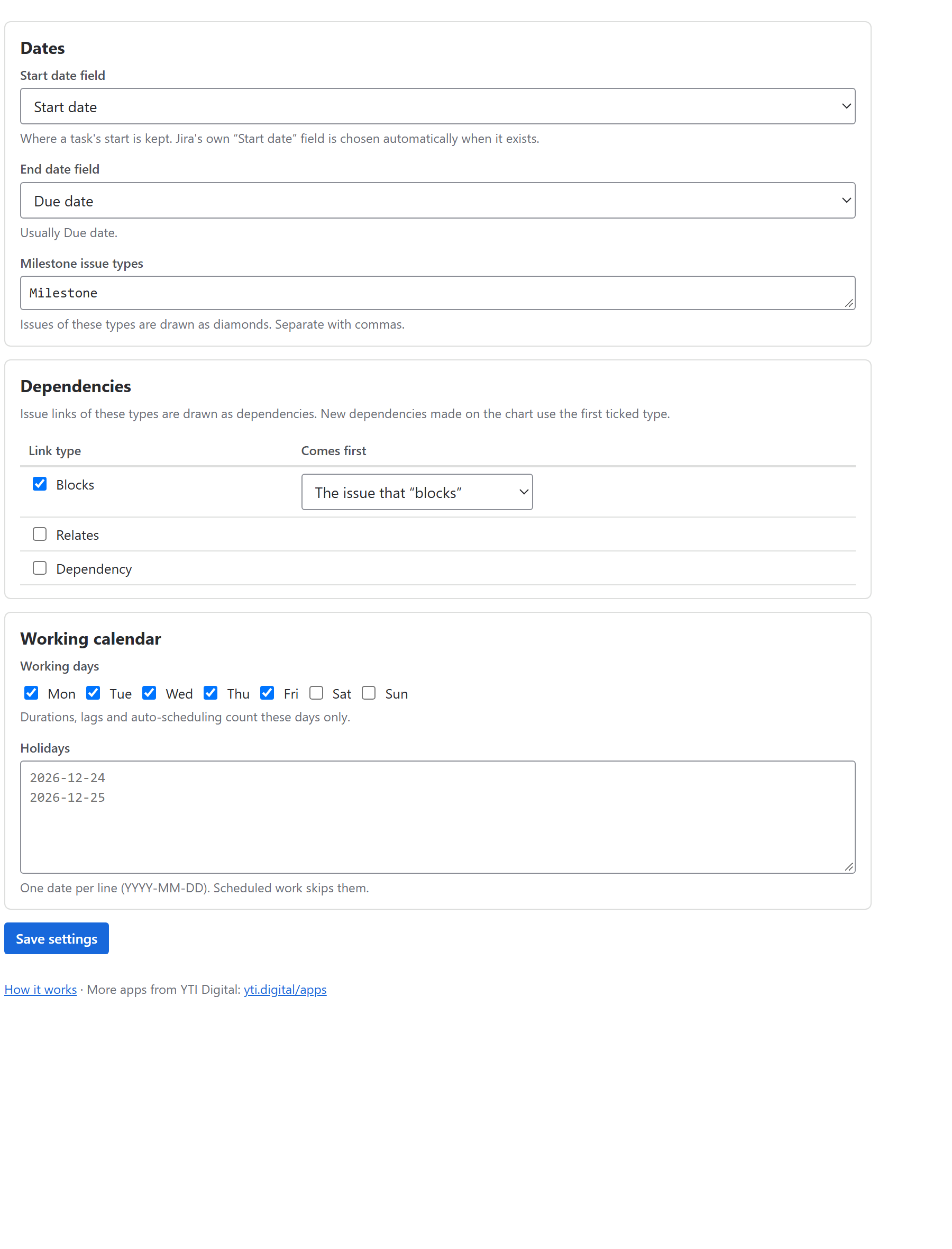 YTI Gantt settings: date fields, milestone types, dependency link types and the working calendar