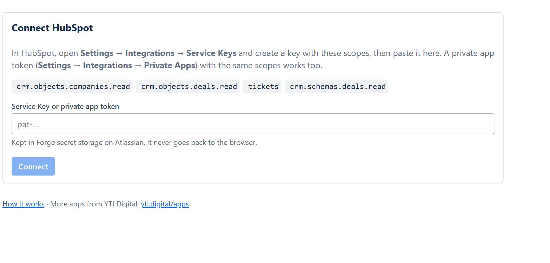 Connect HubSpot card in the Revenue Impact settings, with the required scopes and the key field