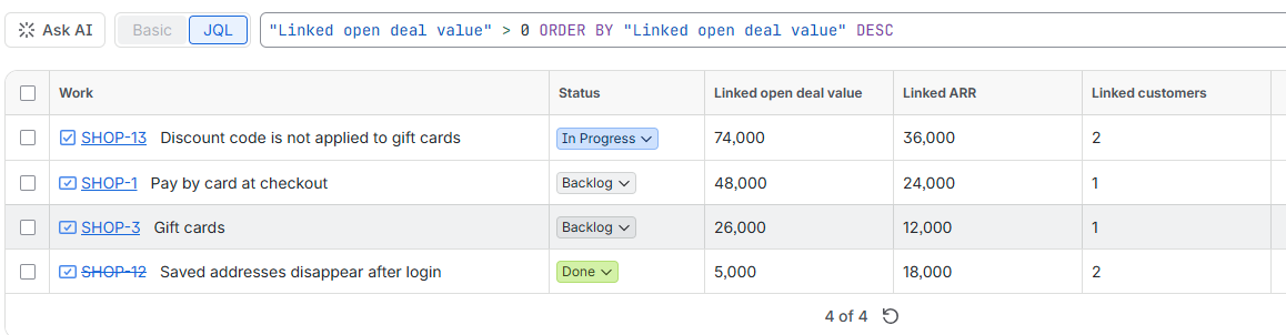 Jira issue list sorted by Linked open deal value, with Linked ARR and Linked customers as columns