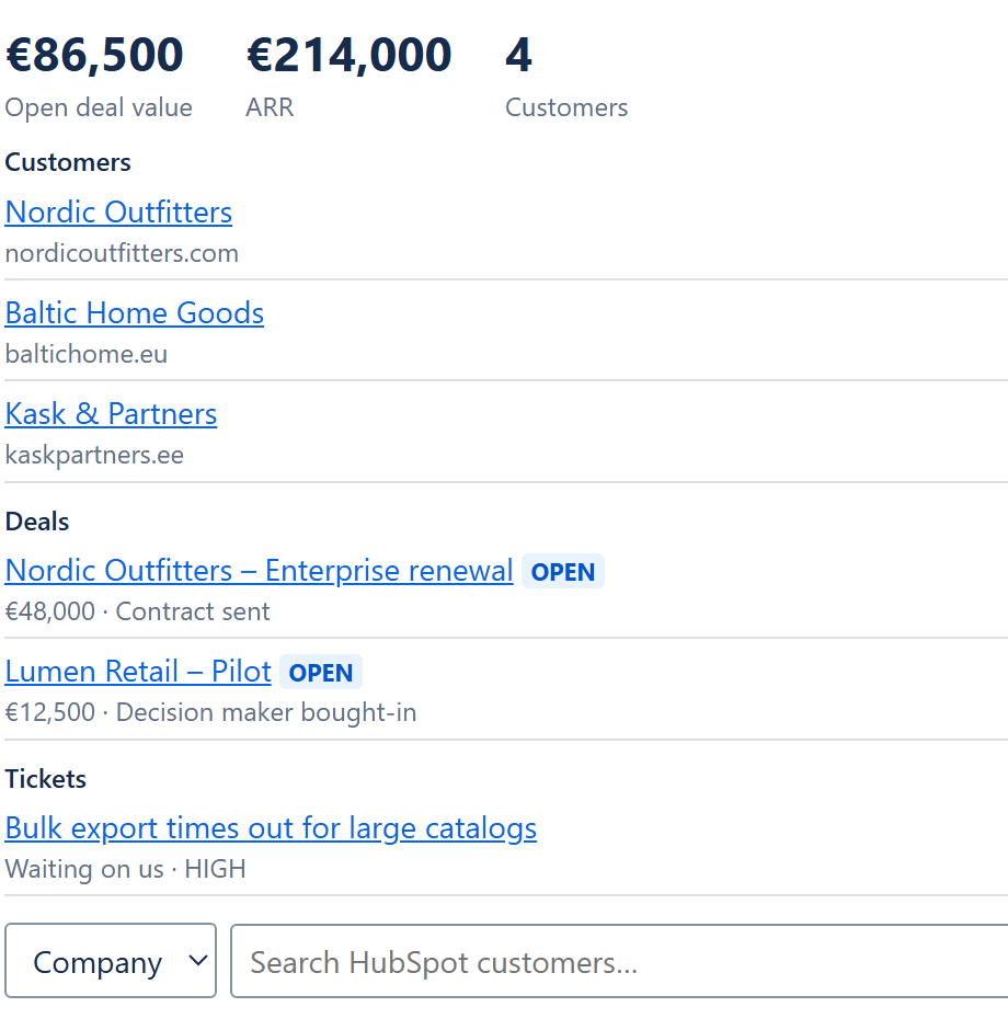 Revenue impact panel on an issue: open deal value, ARR and customers, with linked companies, deals and a ticket
