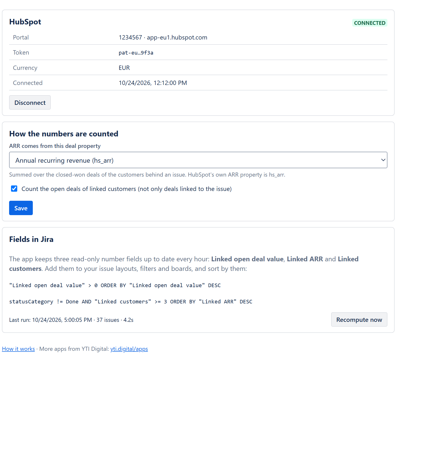 Revenue Impact settings: HubSpot connection, how the numbers are counted, fields in Jira